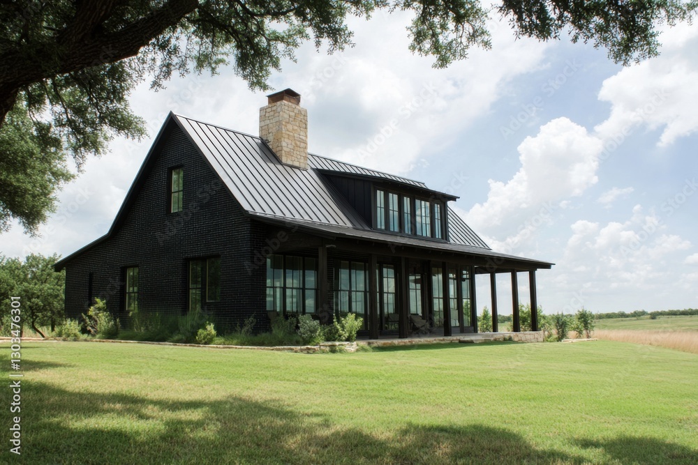 Modern farmhouse with black exterior and metal roof set in a grassy landscape under a bright sky showcasing rural tranquility and contemporary design Modern farmhouse with black exterior and metal roof set in a grassy landscape under a bright sky showcasing rural tranquility and contemporary design
