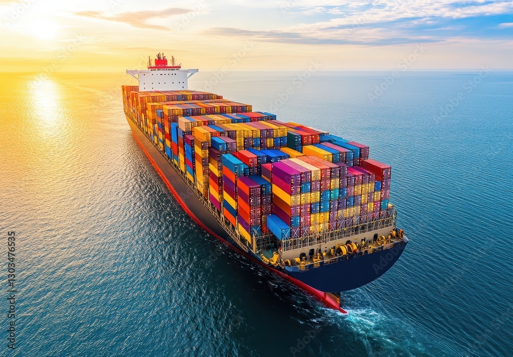 Large container ship sailing on calm seas during beautiful sunset with colorful cargo containers stacked on deck reflecting vibrant colors on water surface.
