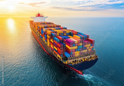 Large container ship sailing on calm seas during beautiful sunset with colorful cargo containers stacked on deck reflecting vibrant colors on water surface.