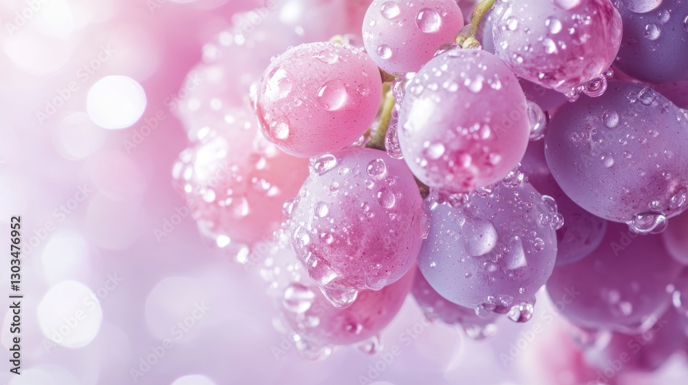 Close-up of grapes with water droplets, against a light purple background Close-up of grapes with water droplets, against a light purple background