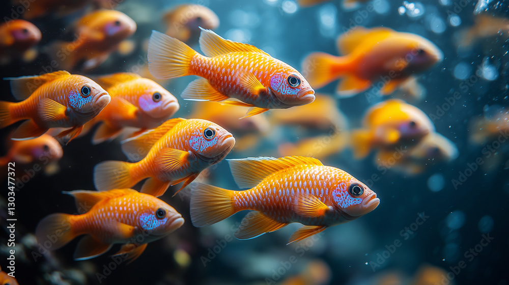 Fototapeta premium Group of Scuba Divers Exploring Vibrant Underwater Scene Filled With Colorful Marine Life