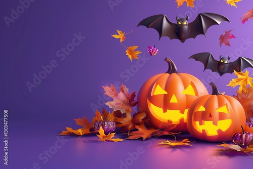 3D pumpkins with flying bats and autumn leaves on purple background, Ai Generated