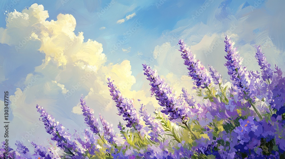 Naklejka premium Serenity Garden Lavender Flowers Cloudy Sky Background