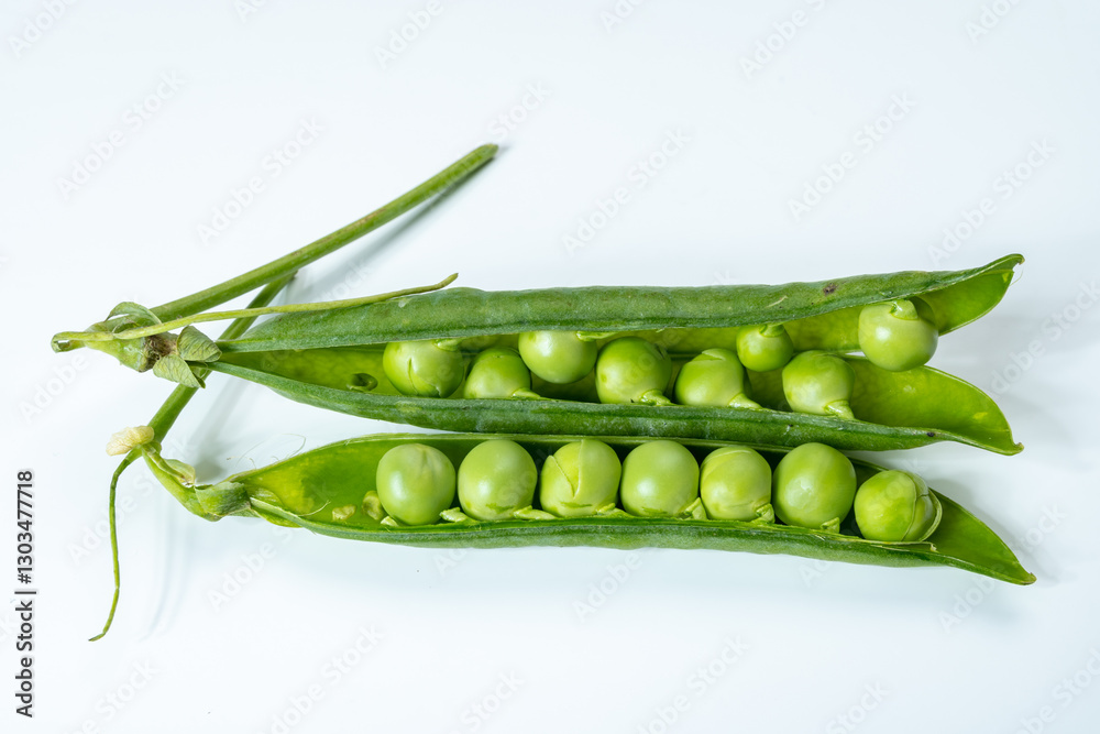 New harvest of fresh ripe green peas legumes