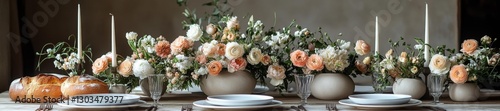 A Spring Dinner Table with Floral Arrangements Bread and Candles Creating a Cozy Atmosphere. Generative AI
