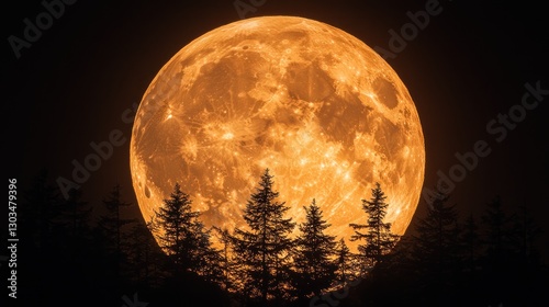 Majestic Orange Harvest Moon Rising Over Silhouetted Pine Trees
