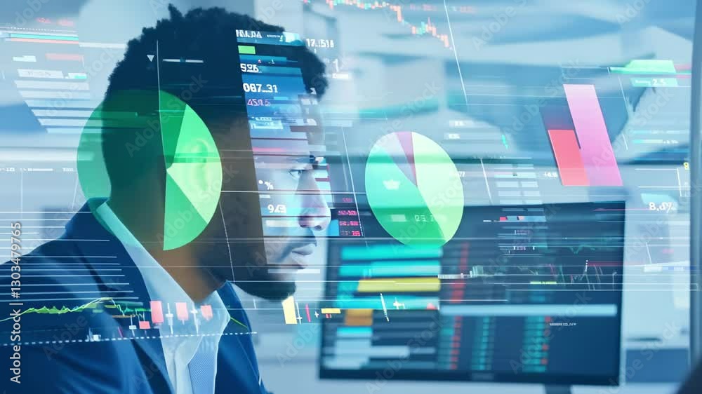 Focused african american man analyzing financial data on multiple computer screens in modern office. concept of technology in finance, business analytics, data-driven decision making