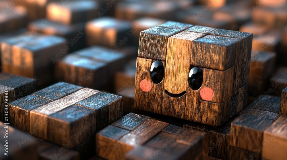 Obraz premium Cube Character Smiles Among Blocks Playful, Close-Up, Wooden, Toy-like, Cute