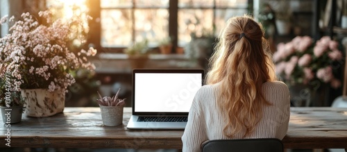Woman Working on Laptop in a Cozy Room with Flowers