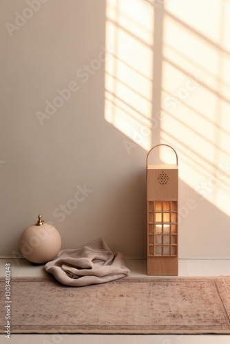 White wall with a candle holder and a vase on a shelf