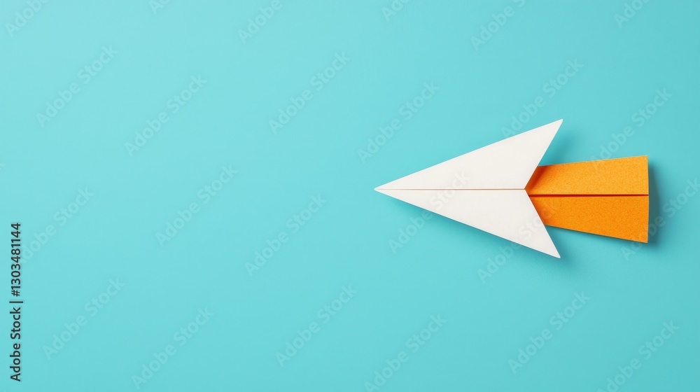A stylized paper airplane in white and orange against a turquoise background, symbolizing direction and creativity.