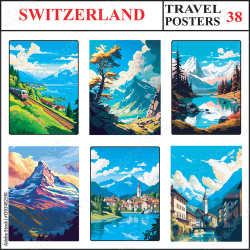 Switzerland Rigi Queen of the Mountains Mannlichen Silvretta Alps Travel Poster Wall Art Set 38
