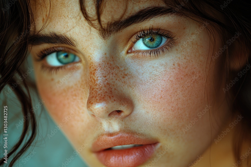 Fototapeta premium Close-up of a woman's face featuring freckles