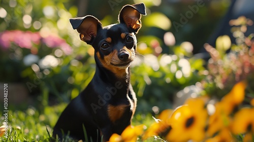 Adorable Mini Pinscher Playing in Vibrant Garden Setting