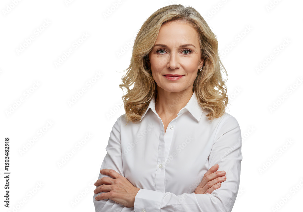 A confident middle aged woman with shoulder length wavy blonde hair isolated on transparent background A confident middle aged woman with shoulder length wavy blonde hair isolated on transparent background