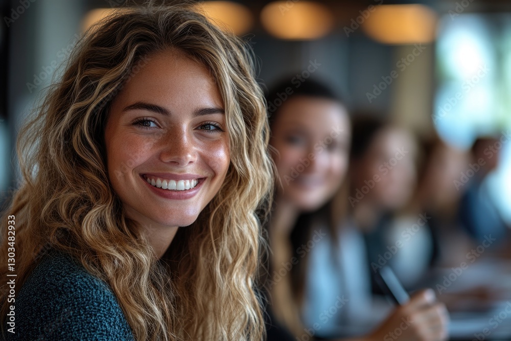 A woman smiling while sitting at a table A woman smiling while sitting at a table