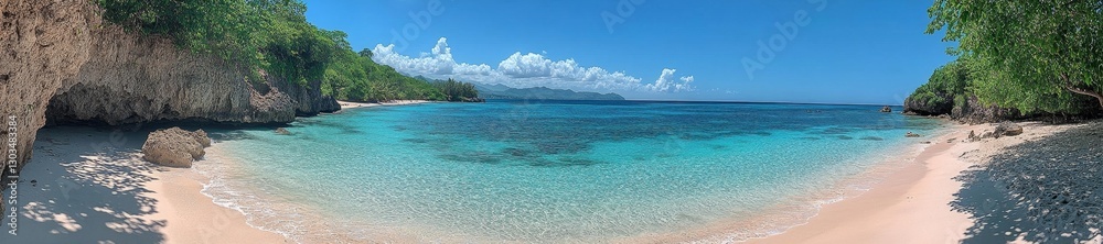 A serene beach with crystal-clear turquoise water and pristine sandy shore under a bright blue sky. Generative AI A serene beach with crystal-clear turquoise water and pristine sandy shore under a bright blue sky. Generative AI