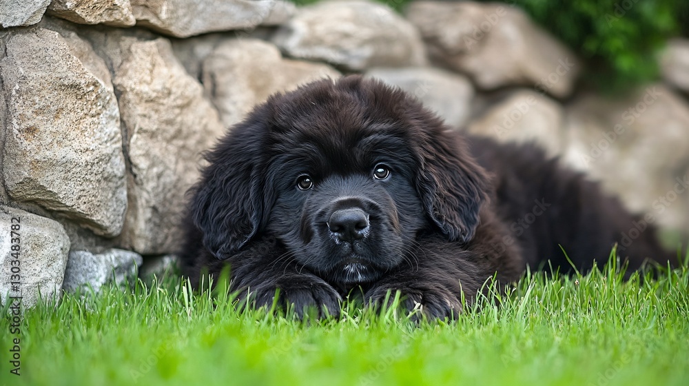 Adorable Newfoundland Puppy Resting in Grass Near Stone - Perfect for Pet Lover Concepts and Nature Themes Adorable Newfoundland Puppy Resting in Grass Near Stone - Perfect for Pet Lover Concepts and Nature Themes