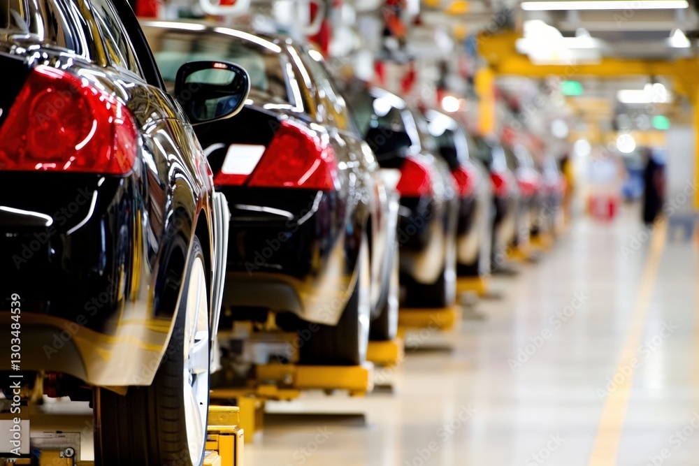 Obraz premium Automobile production line showcasing multiple black cars in a factory setting, emphasizing modern manufacturing techniques and efficiency, automotive industry concept