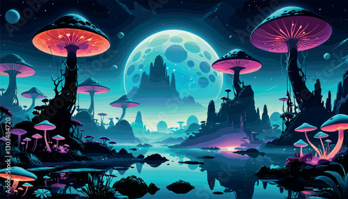 Alien planet with glowing mushrooms and futuristic landscape