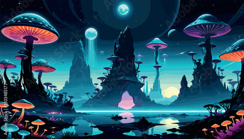 Alien planet with glowing mushrooms and futuristic landscape