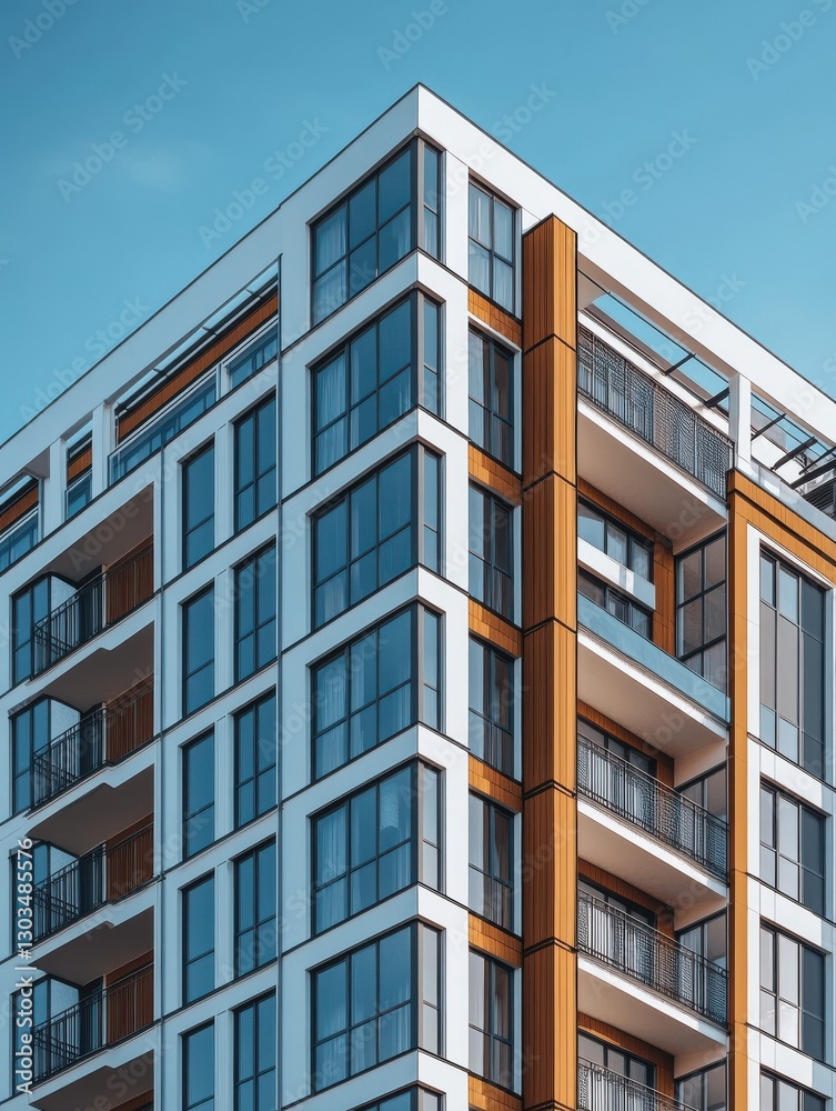 contemporary apartment buildings under a clear blue sky on a sunny day. facade of a contemporary apartment complex. Outside of a modern residential building during the day contemporary apartment buildings under a clear blue sky on a sunny day. facade of a contemporary apartment complex. Outside of a modern residential building during the day