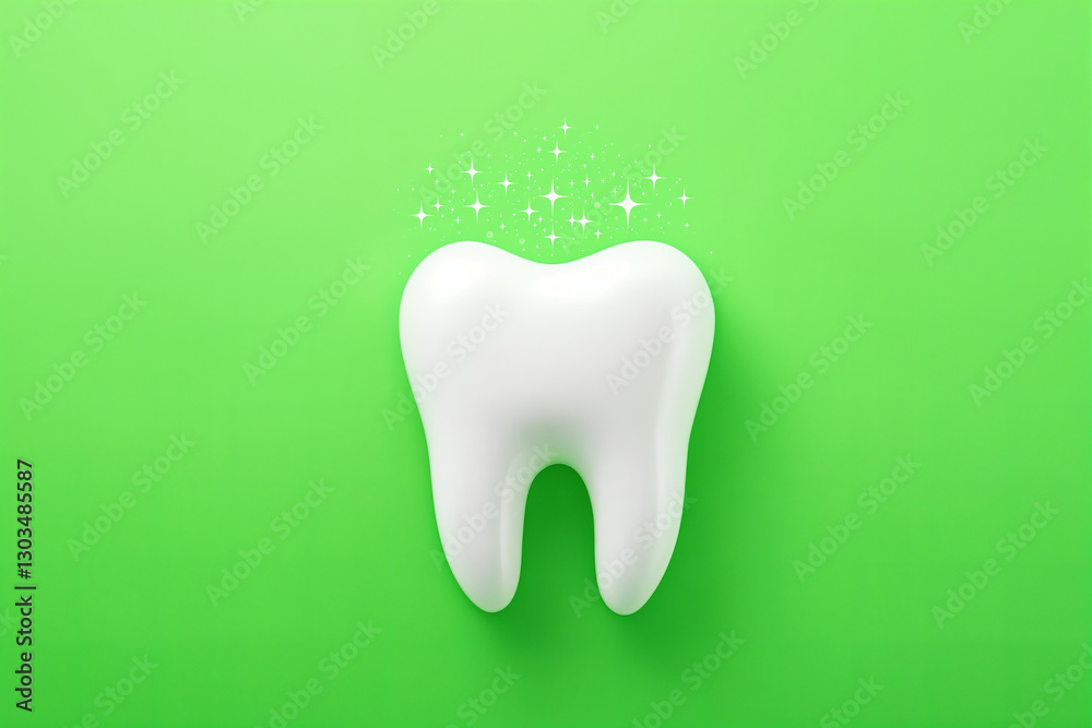 Sparkling white tooth on bright green background with stars indicating cleanliness. Copy space for text. Sparkling white tooth on bright green background with stars indicating cleanliness. Copy space for text.