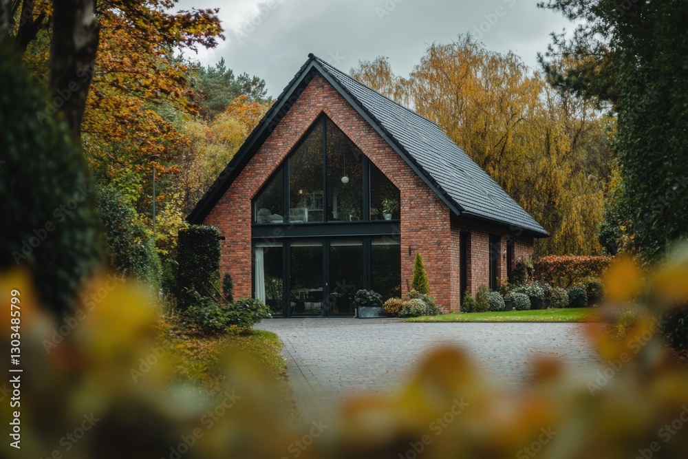 Cozy modern house surrounded by autumn foliage in a serene neighborhood setting with a stone pathway and lush landscaping during overcast weather Cozy modern house surrounded by autumn foliage in a serene neighborhood setting with a stone pathway and lush landscaping during overcast weather