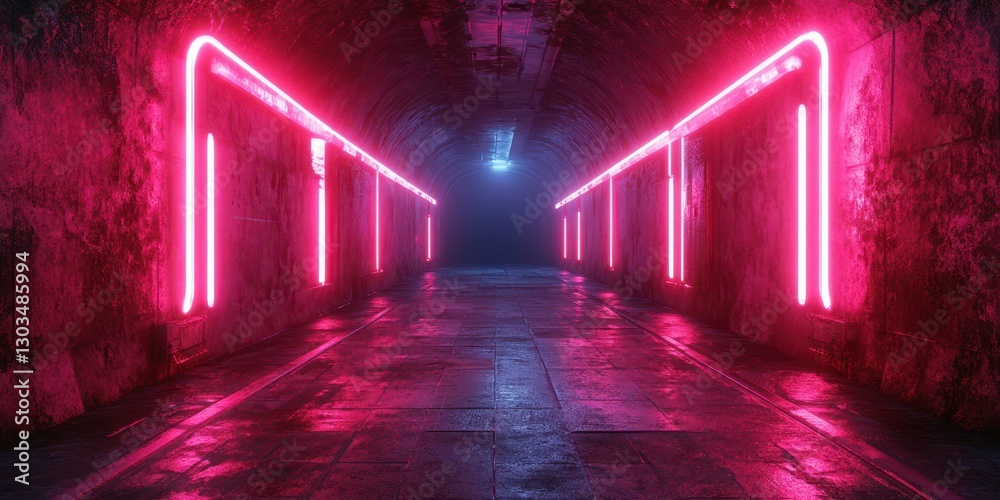 Urban tunnel illuminated by pink neon lights creates a moody atmosphere for exploration and photography at night Urban tunnel illuminated by pink neon lights creates a moody atmosphere for exploration and photography at night