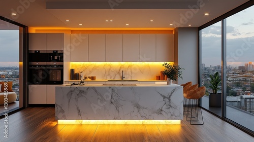 Fototapeta Naklejka Na Ścianę i Meble -  Modern kitchen, city views, illuminated marble island