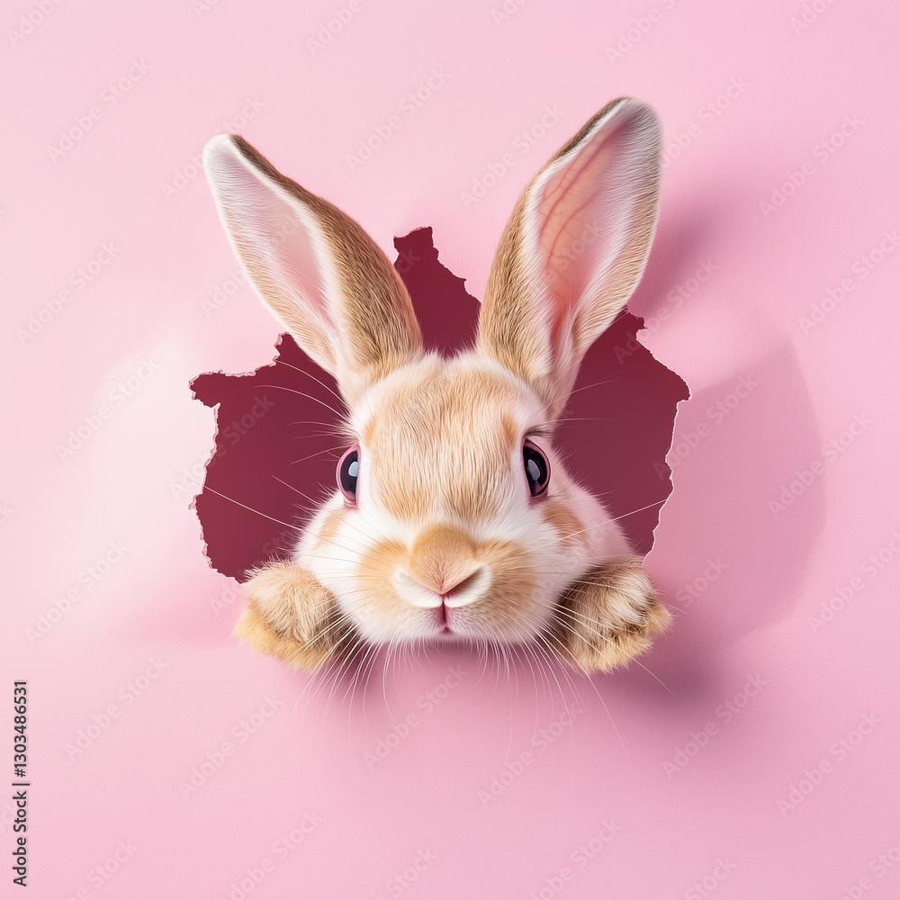 Fototapeta premium Bunny peeking out of a hole in pink pastel wall, fluffy eared bunny easter bunny banner, rabbit jump out torn hole. Copy space for text banner.