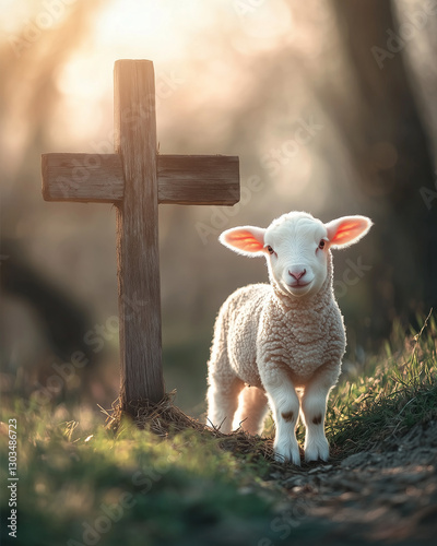 A pure white lamb beside a large wooden cross, symbolizing the Lamb of God. Soft, glowing light, serene natural background, conveying holiness and redemption.