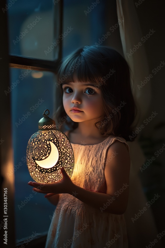Naklejka premium Little girl holding a lantern at night