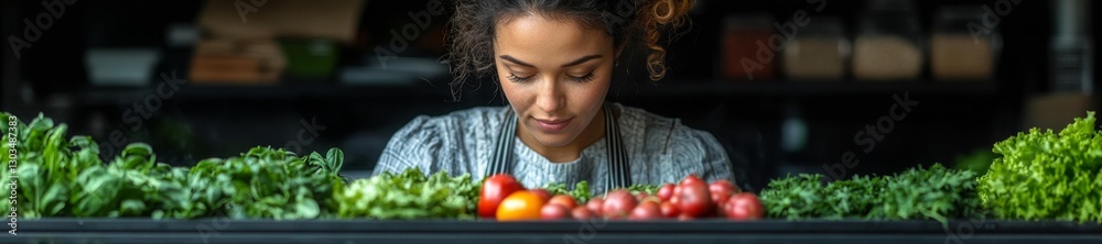 A woman carefully arranging fresh produce in a rustic kitchen for a vibrant meal. Generative AI A woman carefully arranging fresh produce in a rustic kitchen for a vibrant meal. Generative AI
