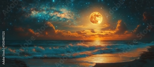 Magical Night Seascape: A Full Moon over Ocean Waves