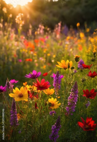 vibrant colors flora set blurred natural backdrop delicate petals lush greenery, flower, bloom, leaf, garden, botany, blossom, foliage, outdoor, beauty