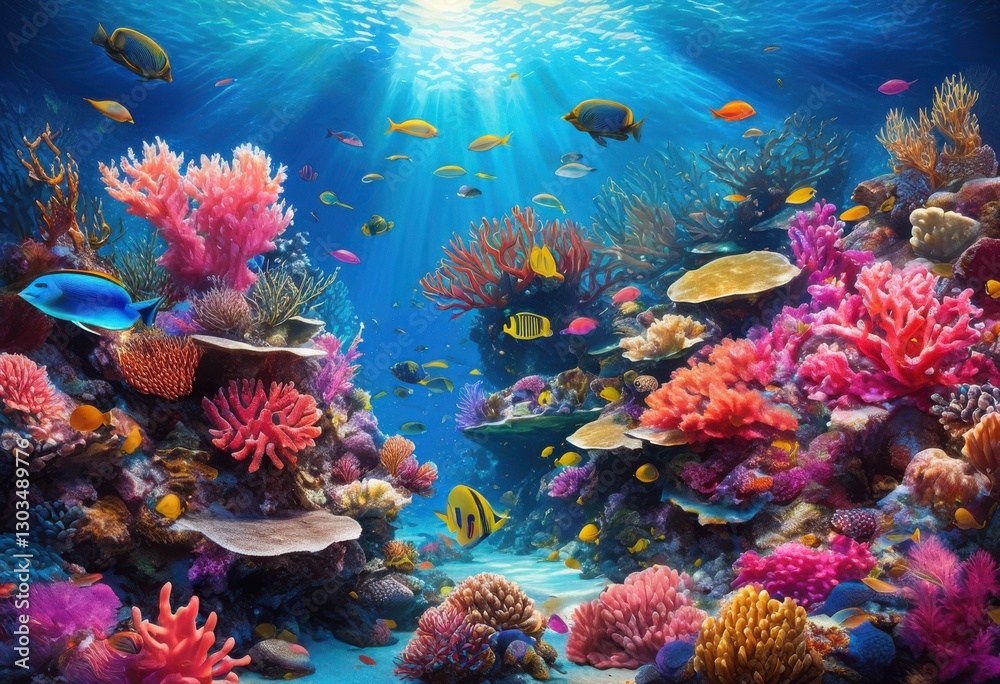 Naklejka premium stunning vibrant coral reef textures brilliant colors surrounded crystal clear tropical waters, aquarium, aquatic, beauty, blues, clarity, coastal