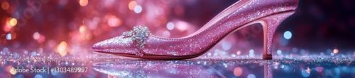 Glamorous pink high heel shoe with glitter and floral embellishment on mirrored surface. Generative AI photo