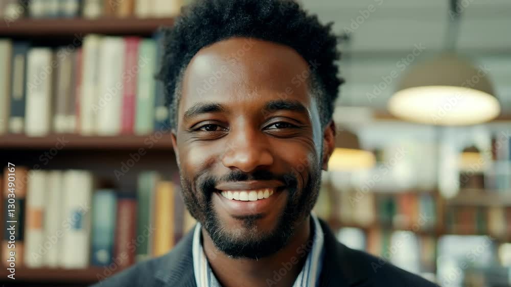Smiling African American Man in Library Surrounded by Books. Concept of Education, bookstore, Knowledge, Learning, Intellectual Growth, Academic Success, Studying, Reading Culture Smiling African American Man in Library Surrounded by Books. Concept of Education, bookstore, Knowledge, Learning, Intellectual Growth, Academic Success, Studying, Reading Culture