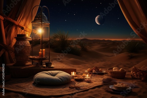 Nighttime at desert camp with lit lantern, starry sky, and cozy seating