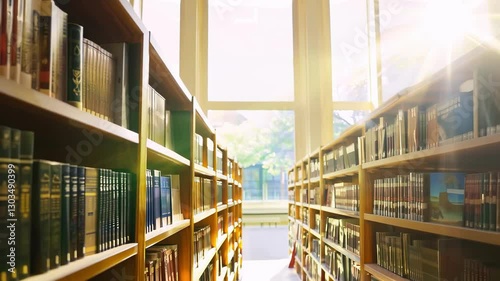 Sunlit library and bookstore aisle with bookshelves filled on a bright day. concept of knowledge, literature, study, education