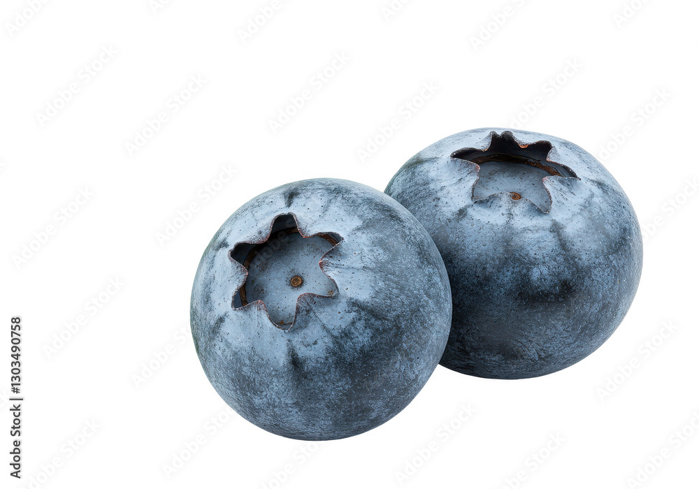 A close-up of two fresh blueberries isolated on transparent background