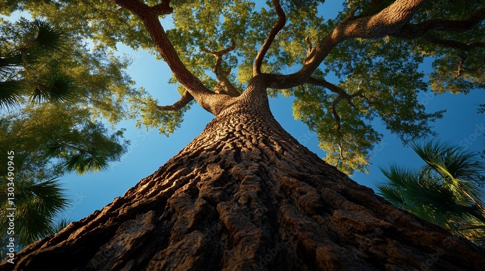 Naklejka premium Massive Tree Trunk, Sunlight, Lush Canopy