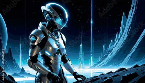 Futuristic humanoid AI exploring an advanced space colony