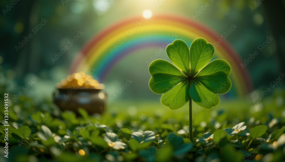 Obraz premium A shamrock with a rainbow and pot of gold in the background. St. Patrick's Day Concept.