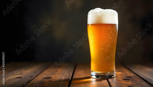 Una foto de estudio de un vaso alto y transparente lleno de cerveza dorada, coronado con una generosa espuma blanca que cae en cascada por el costado del vaso