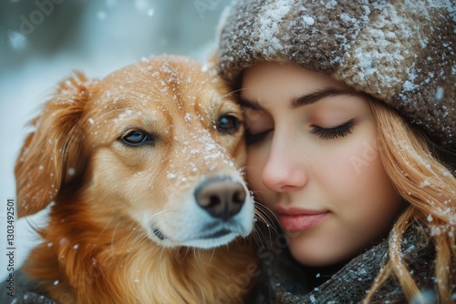 Winter Bonding Moment Between Girl and Golden Retriever in Snowy Landscape
