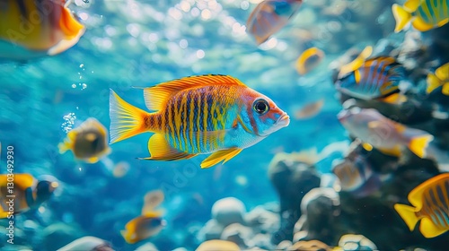tropical fish in the sea, close up of tropical colorful fish, underwater life