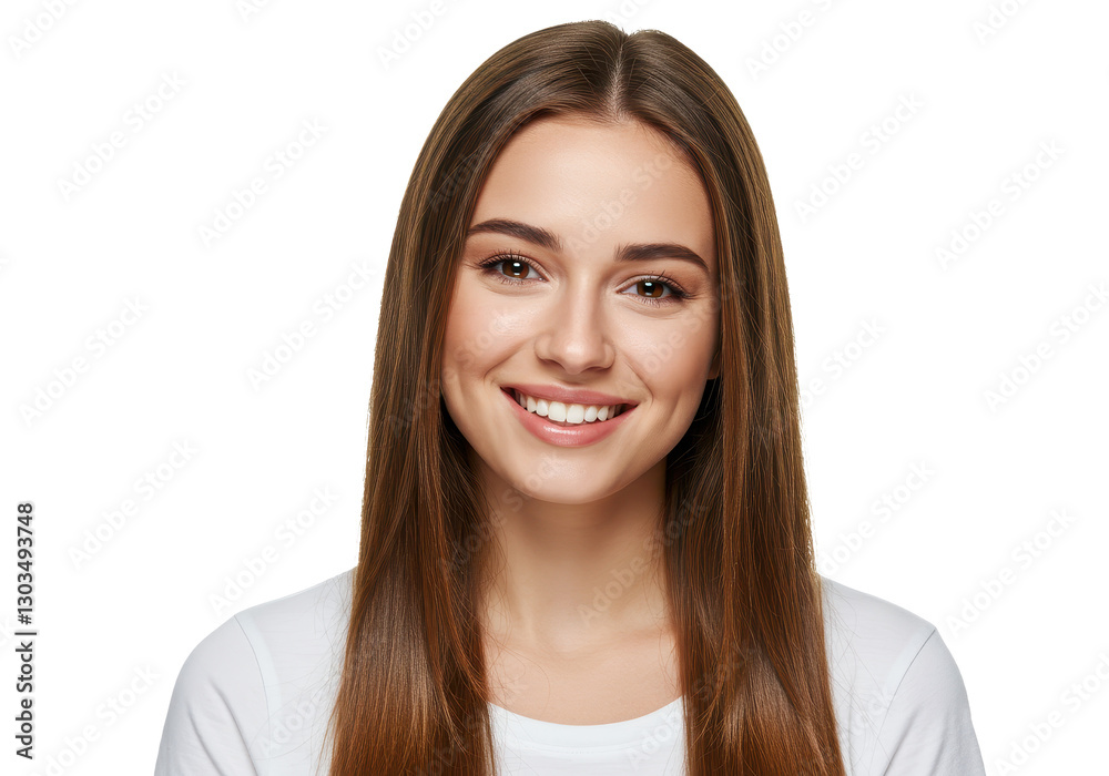 A happy young woman with long straight brown hair wearing a casual white t-shirt isolated on transparent background A happy young woman with long straight brown hair wearing a casual white t-shirt isolated on transparent background