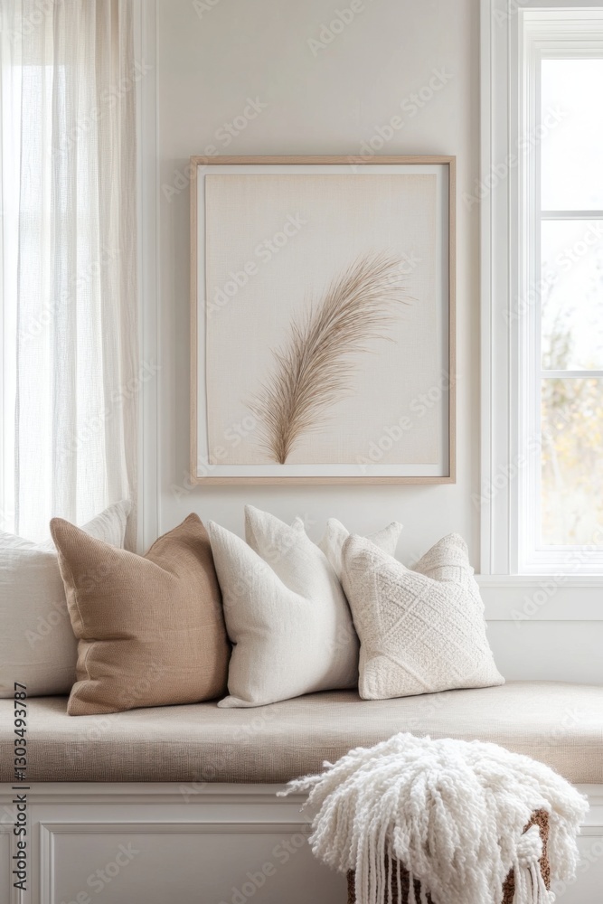 Fototapeta premium The inviting indoor seating area boasts an array of decorative pillows, complemented by minimalistic wall art that highlights a subtle nature theme, creating a warm and relaxing atmosphere.